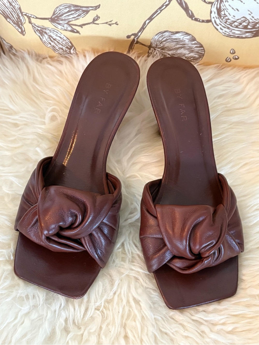 BY FAR Chocolate Brown Knotted Leather Slide Sandals